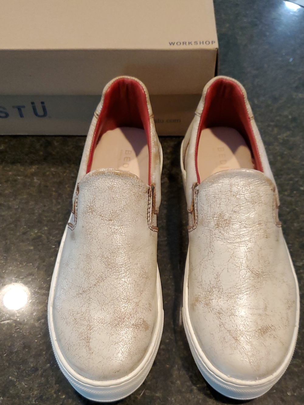 BED|STU Distressed Cream Slip-On Sneakers with Pink Lining